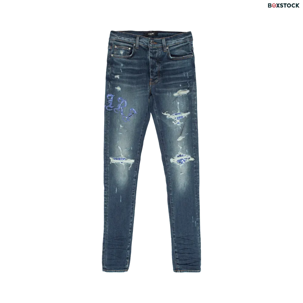 Amiri Skinny Old English Logo Jean 'Deep Classic' Blue Resort 2022
