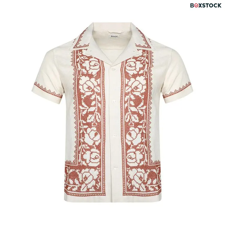 Bode Cross Stitched Rose Garland Short-Sleeve Shirt 'Brown/White' Fall/Winter 2023