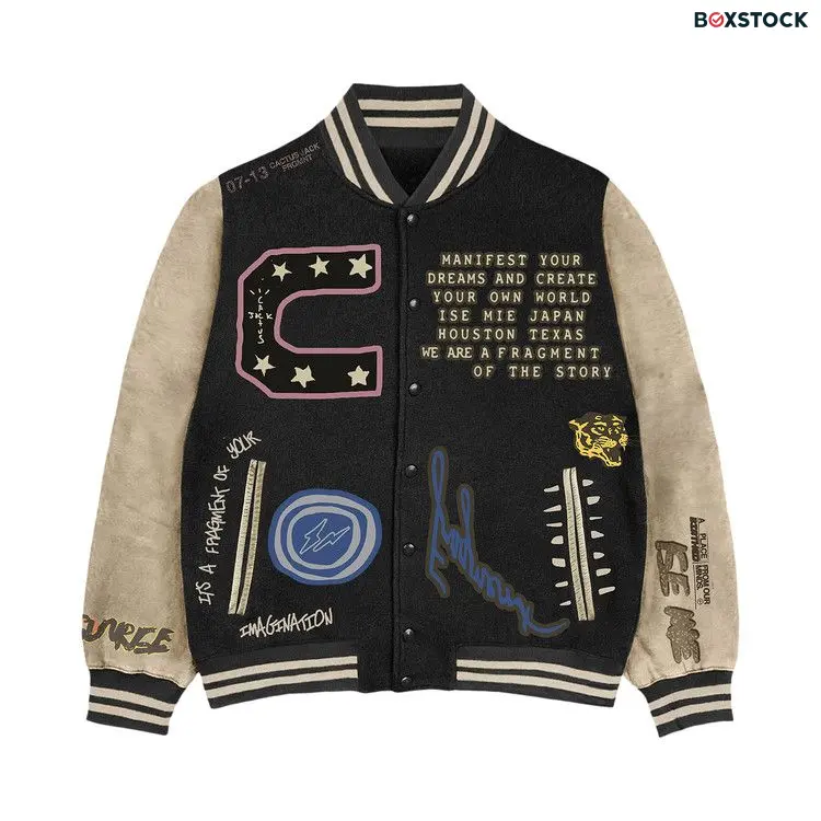 Cactus Jack by Travis Scott For Fragment Manifest Letterman Jacket 'Black' Grey Fall/Winter 2021