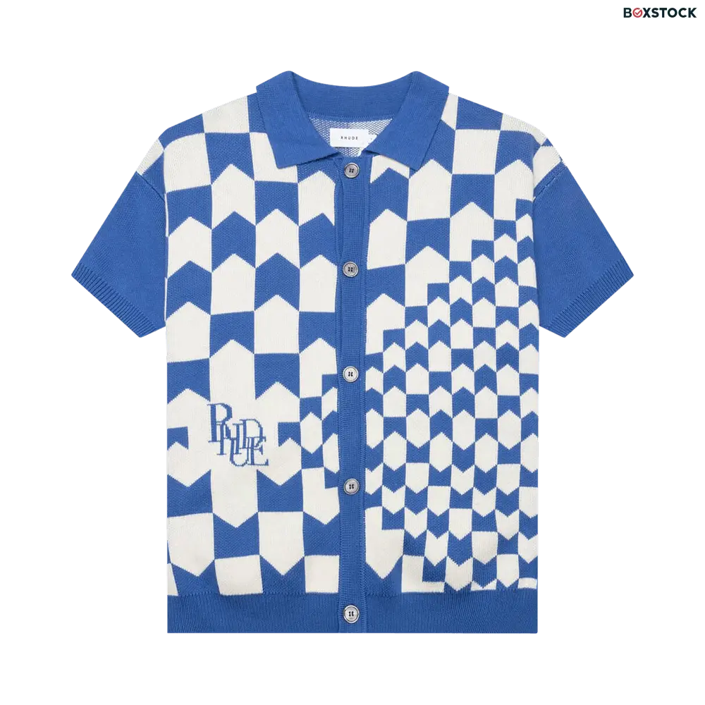 Rhude Rhacing Checkered Knit Polo 'Ivory/Blue' White Spring/Summer 2023