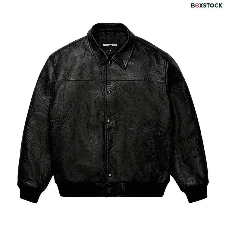 Sp5der Debossed Web Leather Jacket 'Black' Fall/Winter 2023