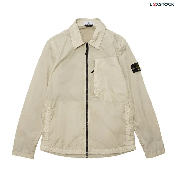 Stone Island Compass Patch Collared Zip Up Jacket 'Plaster' White Spring/Summer 2024